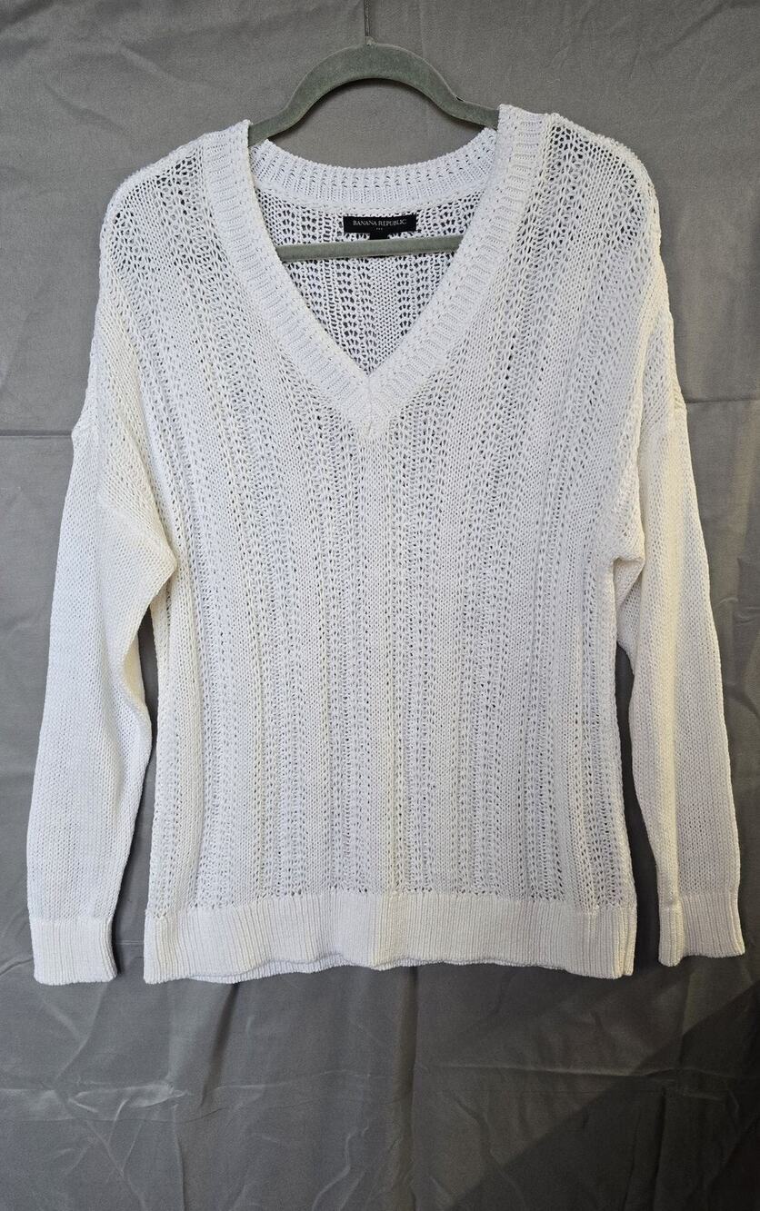 Banana Republic Sweater Womens Large White Open Knit V Neck Long Sleeve Pullover